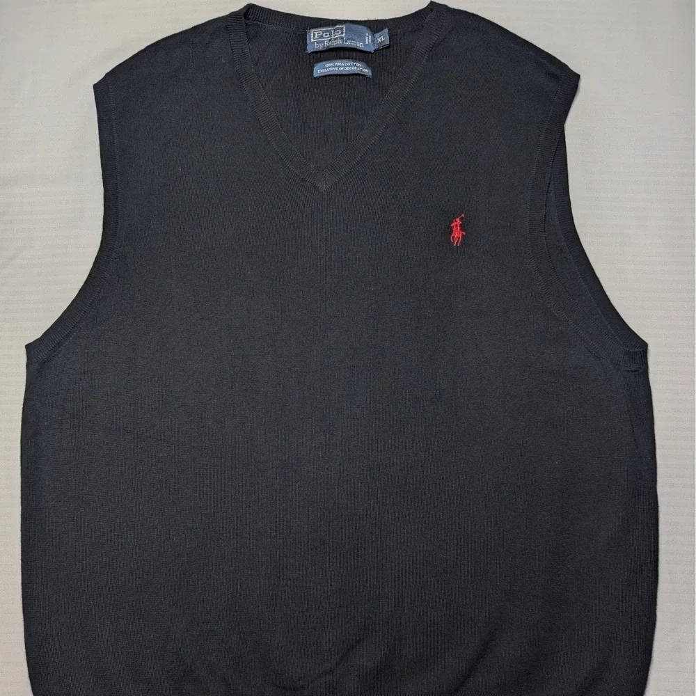 Polo Ralph Lauren Men XL Black Pima Cotton V-Neck Sweater Vest Red Pony Classic